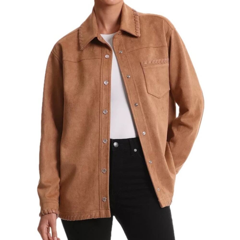 Bagatelle Neutral Tan Western Whipstitch Button Front Faux Suede Shacket Jacket